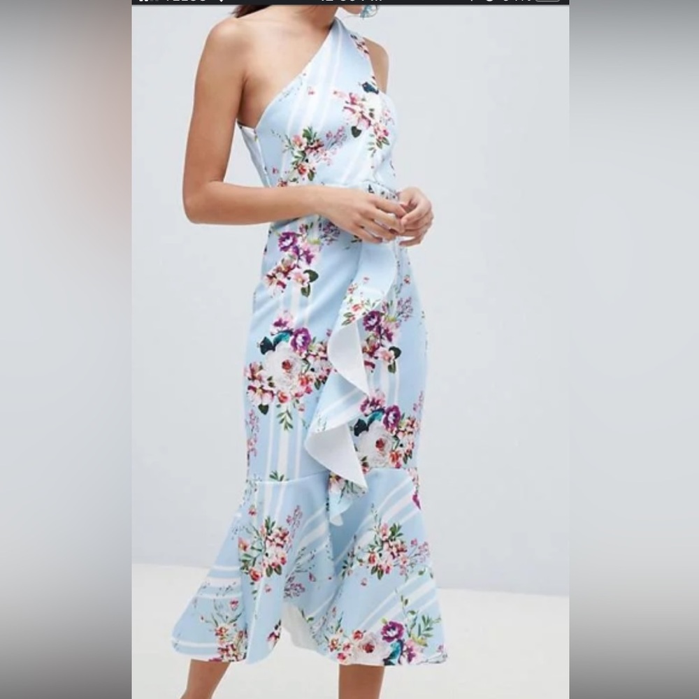 ASOS Design One shoulder midi dress in blue stripe floral. Size 6 $30